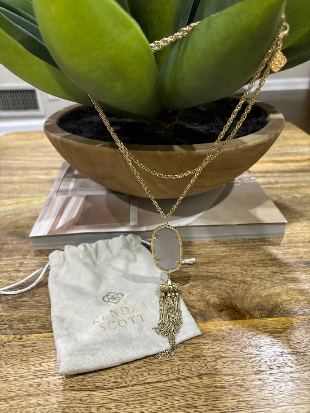 Kendra Scott Gold Necklace with Pale Cream Stone and Tassel